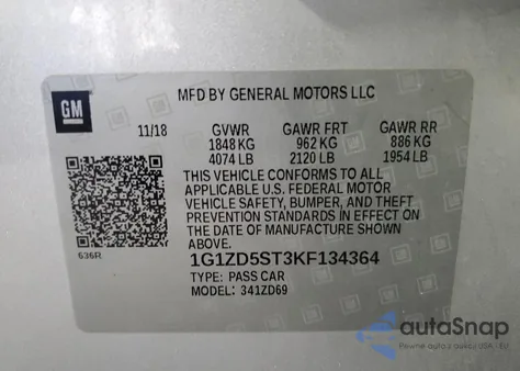 2019 Chevrolet Malibu Lt z USA, uszkodzony, nr VIN 1G1ZD5ST3KF134364